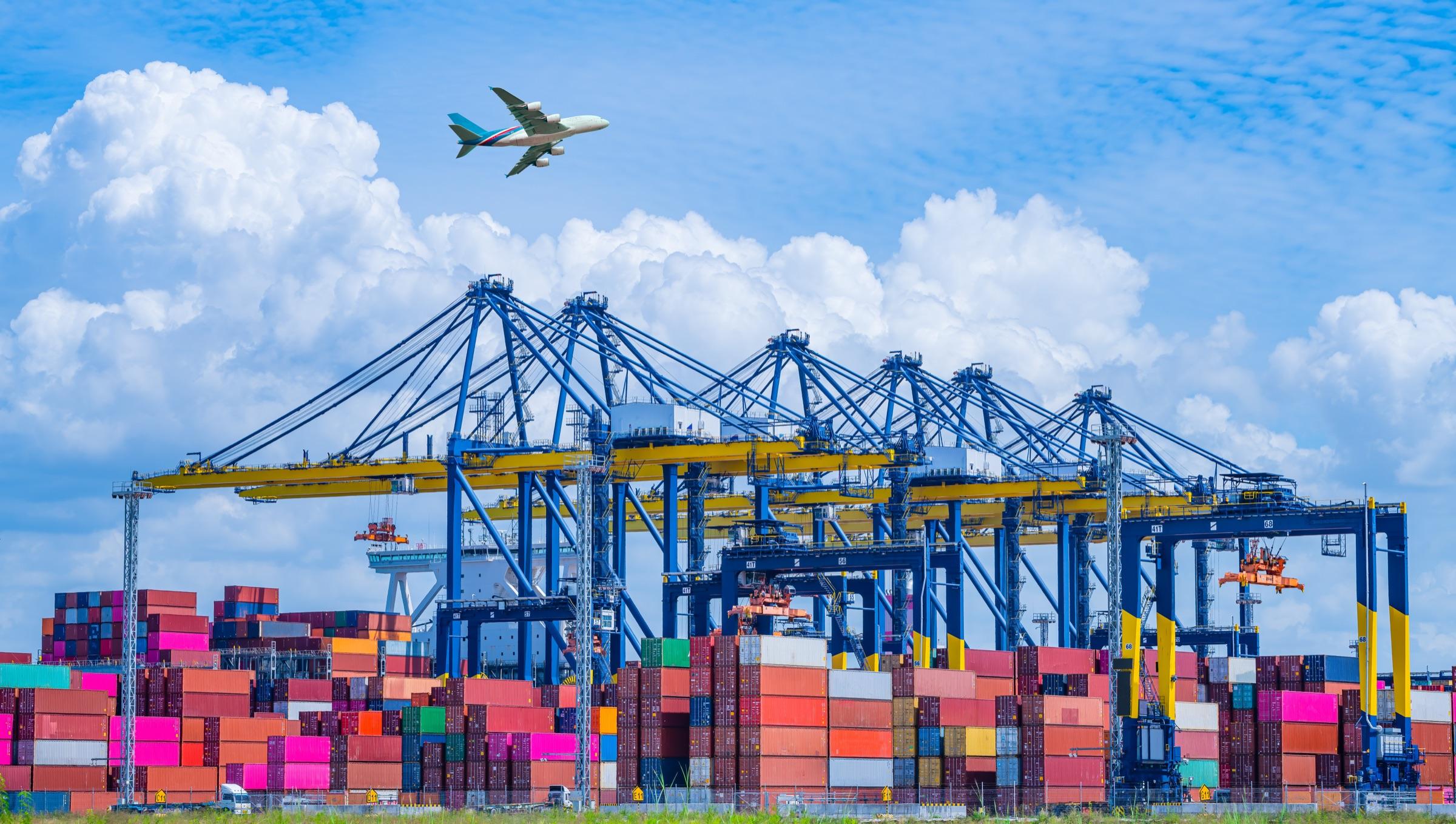 Container ship and trucks at a seaport